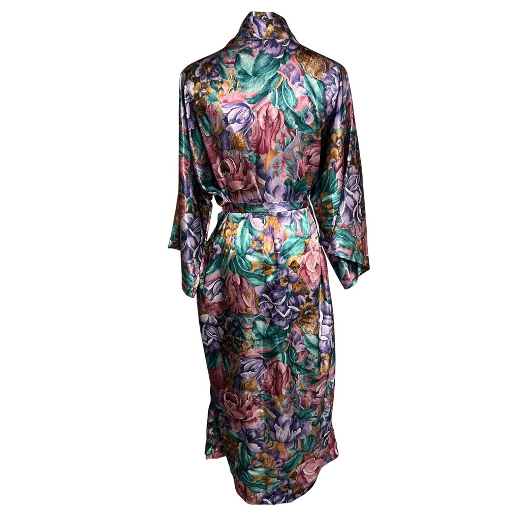 Vintage Floral Satin Robe Long Kimono Large Maximalist Lounge Regency - Picture 3 of 10